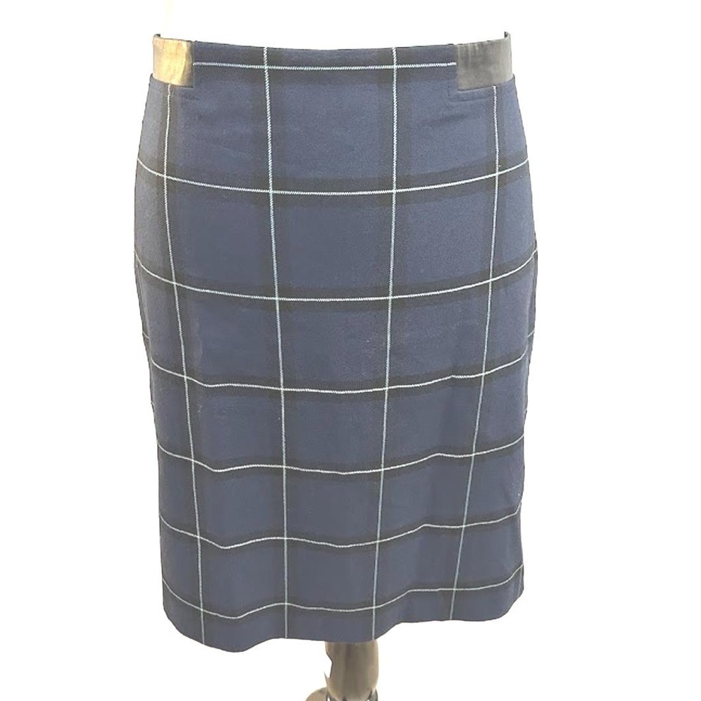 Tristan Navy Blue Windowpane Plaid Pencil Skirt Faux Leather Trim Size 6 Canada